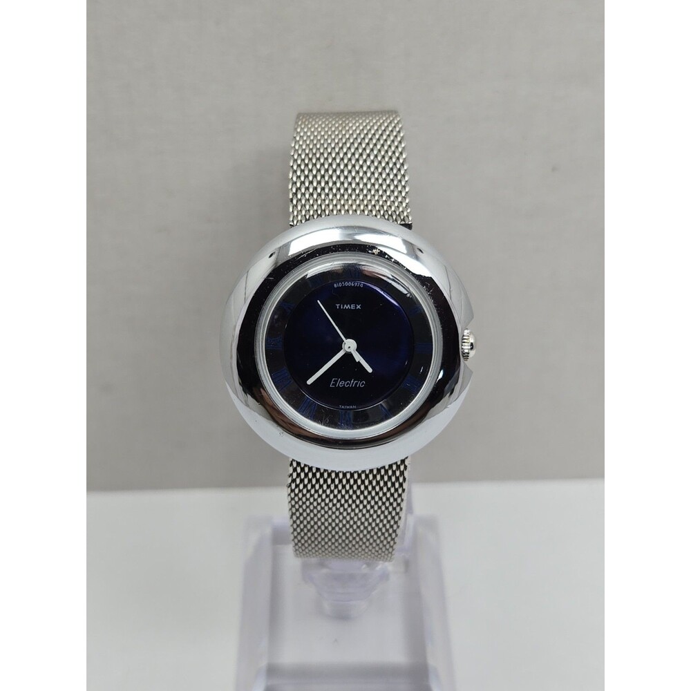 Rare Vintage Timex Electric Blue UFO Silver Mesh Watch Space Age New Battery